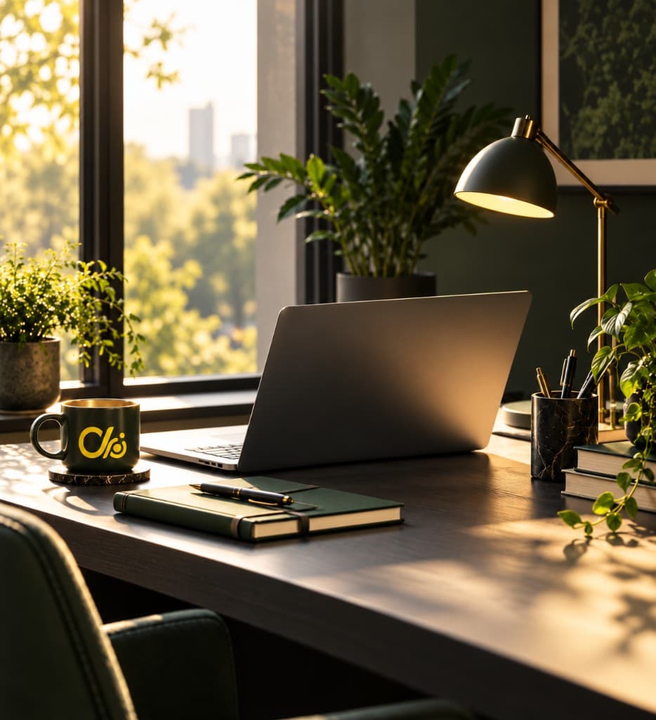 A cozy professional workspace at golden hour featuring a closed laptop, a Techloom branded mug, a green journal, and a desk lamp by a window