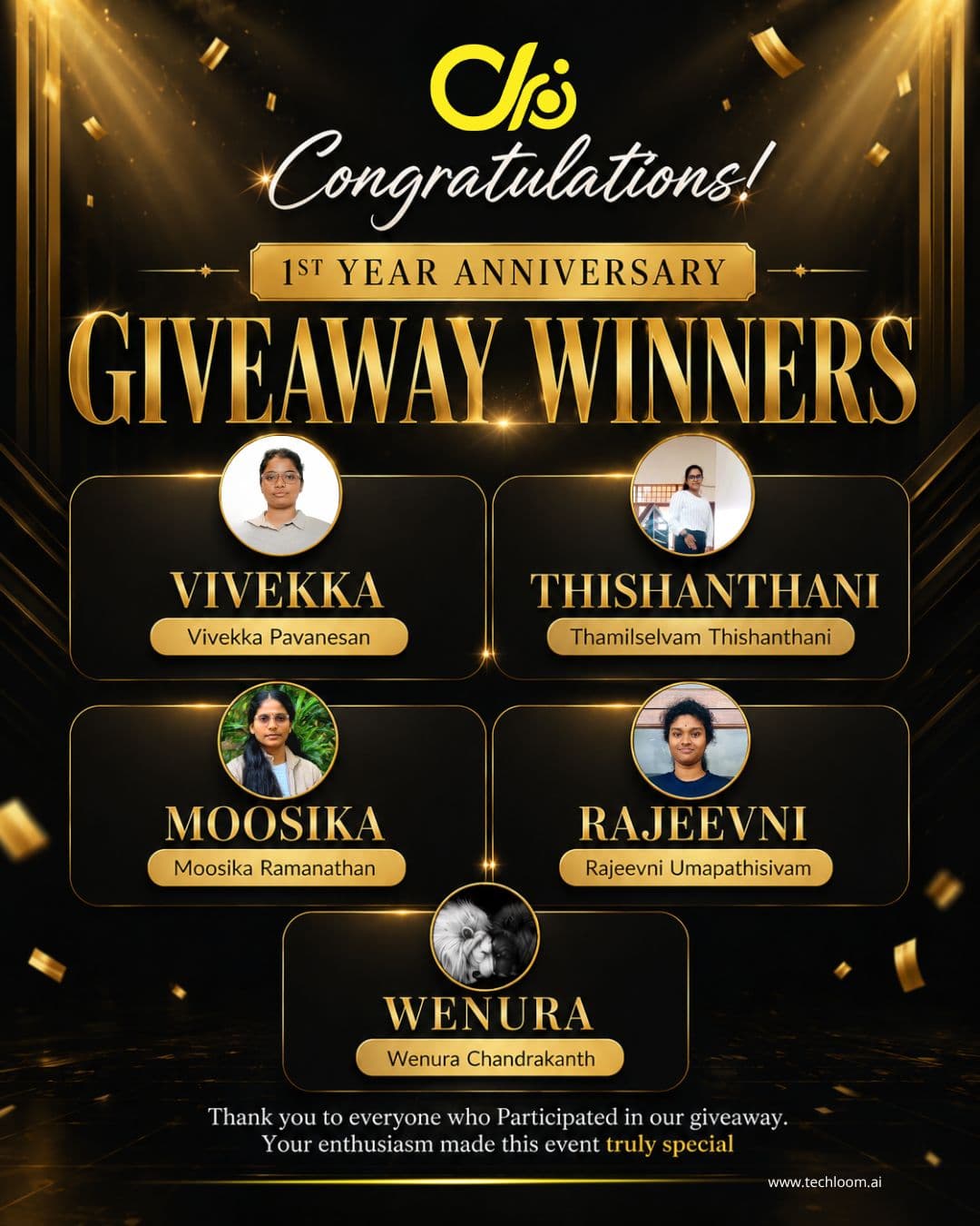 Giveaway winners graphic from the Techloom.ai first anniversary