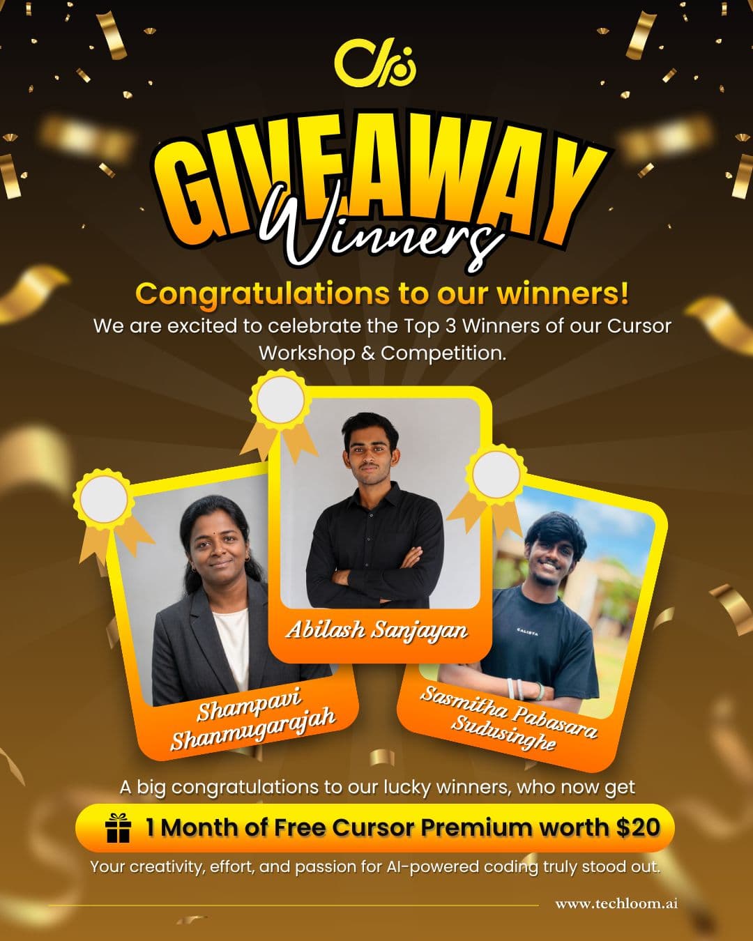 Giveaway winners graphic for Shampavi Shanmugarajah, Abilash Sanjayan, and Sasmitha Pabasara Sudusinghe