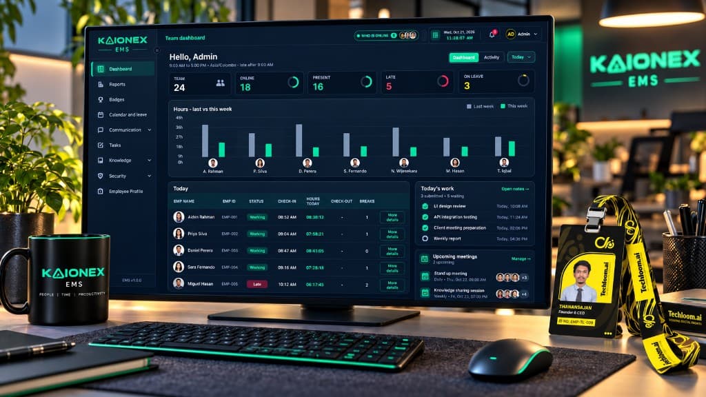 KAIONEX EMS dashboard on a tablet in the dark green product theme