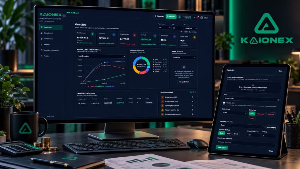 KAIONEX FMS finance workspace with revenue, expenses, and department reports