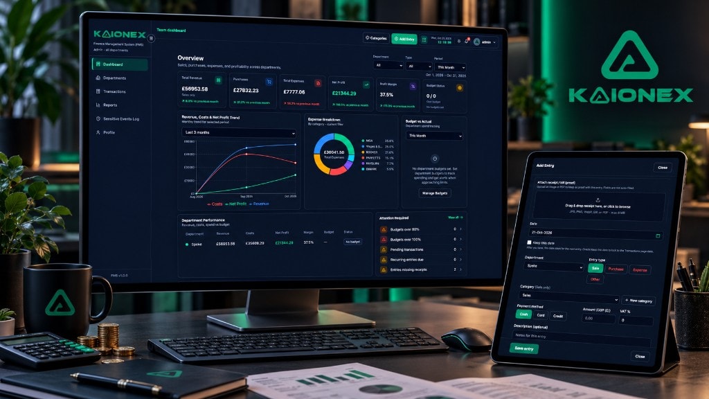 KAIONEX FMS finance workspace with revenue, expenses, and department reports