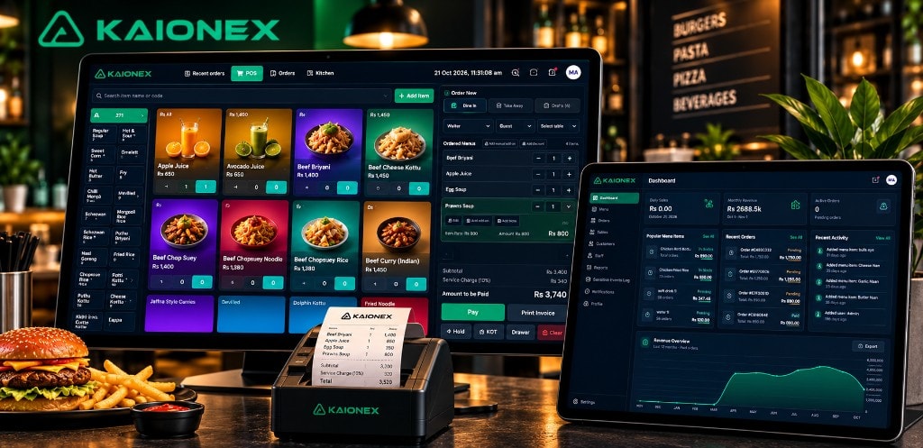 KAIONEX POS terminal with a green checkout dashboard
